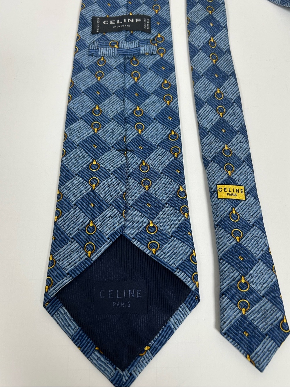 CELINE Paris Vintage Blue Geometric Basketweave 100% Pure Silk Tie Made in Spain